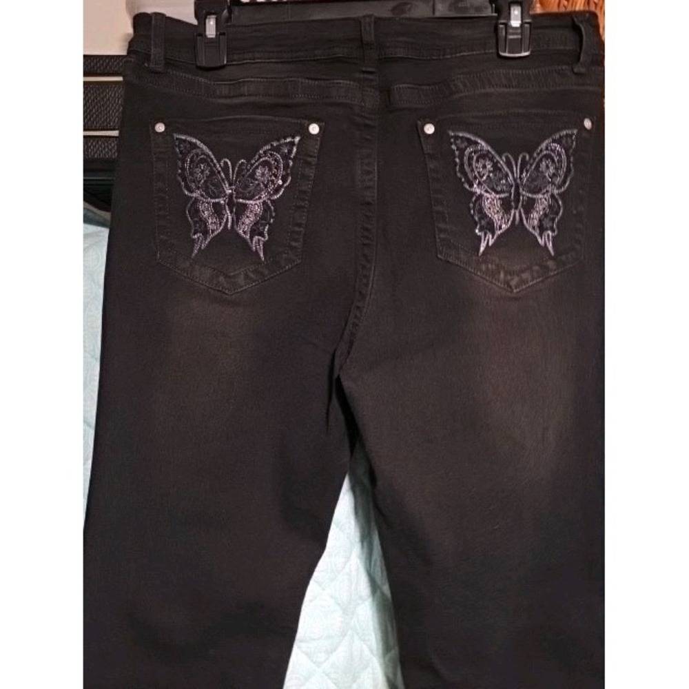 New Black Harper & Ivy Butterfly Rhinestone Pocket Dark Flare Denim Jeans 32x31